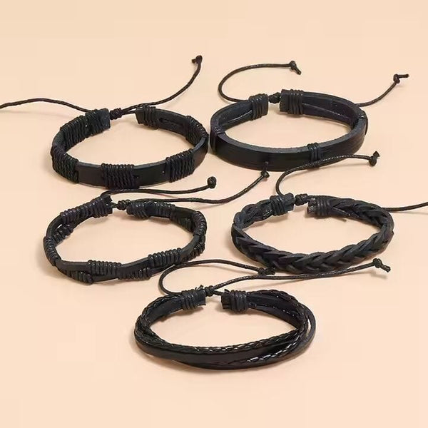 DARK ALPHA -  5 Pcs Genuine Braided Leather Bracelet Set for Men & Boys (8 inch)