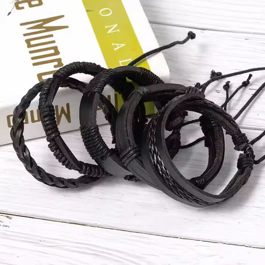 THE MEN THING Leather Bracelet DARK ALPHA -  5 Pcs Genuine Braided Leather Bracelet Set for Men & Boys (8 inch)