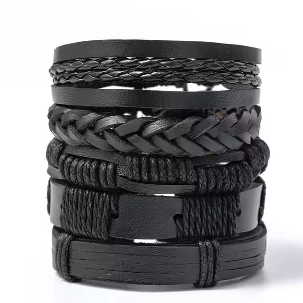 DARK ALPHA -  5 Pcs Genuine Braided Leather Bracelet Set for Men & Boys (8 inch)