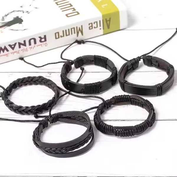 DARK ALPHA -  5 Pcs Genuine Braided Leather Bracelet Set for Men & Boys (8 inch)