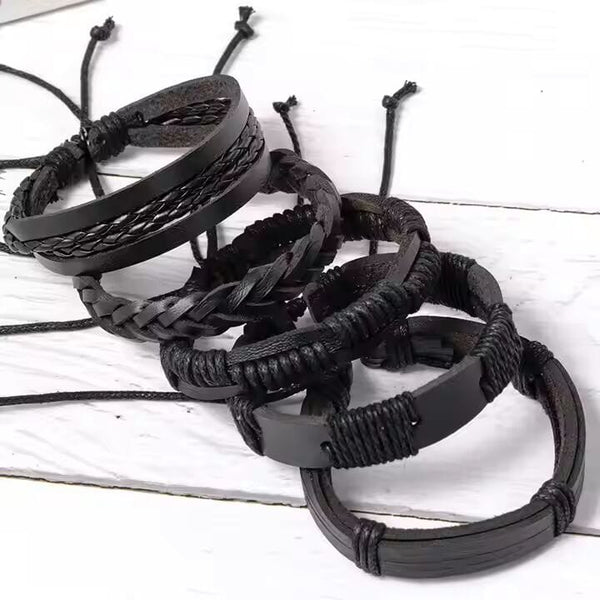 DARK ALPHA -  5 Pcs Genuine Braided Leather Bracelet Set for Men & Boys (8 inch)