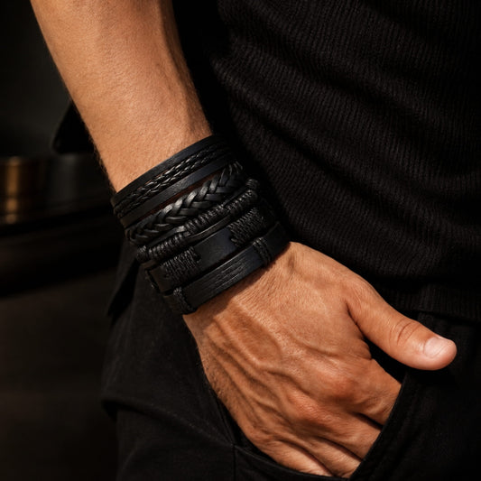 THE MEN THING Leather Bracelet DARK ALPHA -  5 Pcs Genuine Braided Leather Bracelet Set for Men & Boys (8 inch)