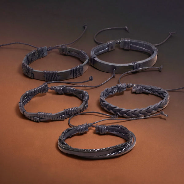 DARK ALPHA -  5 Pcs Genuine Braided Leather Bracelet Set for Men & Boys (8 inch)