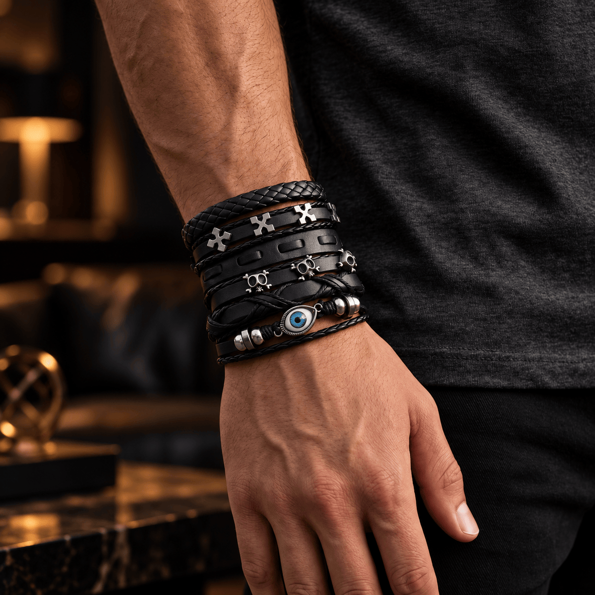 THE MEN THING Leather Bracelet DARK EYE REAPER - 6 Pcs Genuine Leather Adjustable Bracelet for Men & Boys