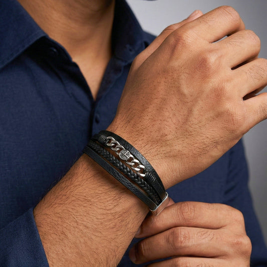 THE MEN THING Leather Bracelet DARK IRONCLAD - Black 25mm Genuine Leather Multi-Layer Bracelet with Stainless Steel Magnetic Buckle for Men & Boys (8 inch)