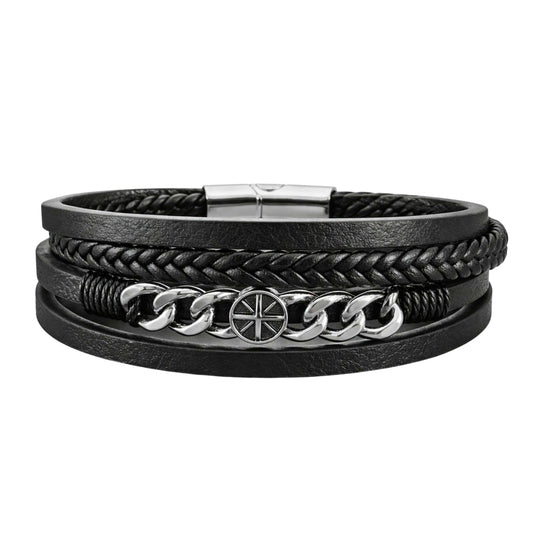 THE MEN THING Leather Bracelet DARK IRONCLAD - Black 25mm Genuine Leather Multi-Layer Bracelet with Stainless Steel Magnetic Buckle for Men & Boys (8 inch)