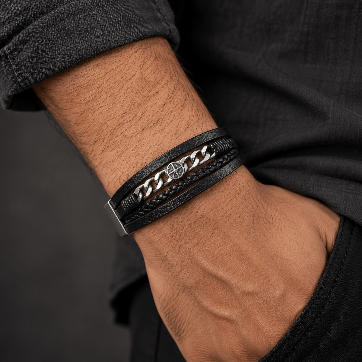 THE MEN THING Leather Bracelet DARK IRONCLAD - Black 25mm Genuine Leather Multi-Layer Bracelet with Stainless Steel Magnetic Buckle for Men & Boys (8 inch)