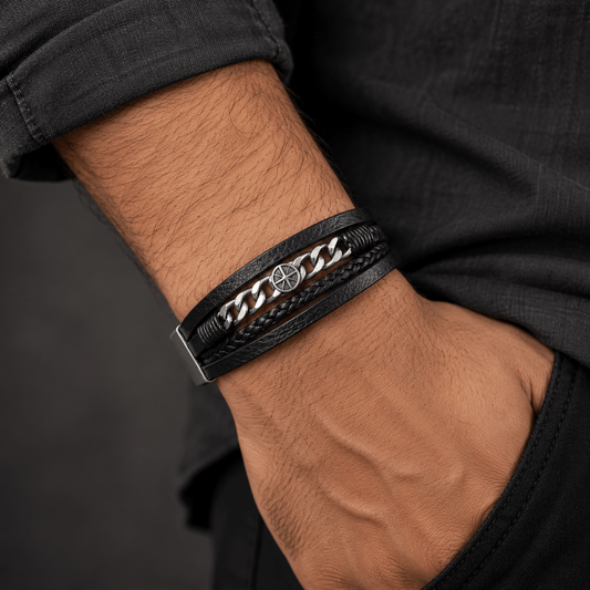 THE MEN THING Leather Bracelet DARK IRONCLAD - Black 25mm Genuine Leather Multi-Layer Bracelet with Stainless Steel Magnetic Buckle for Men & Boys (8 inch)