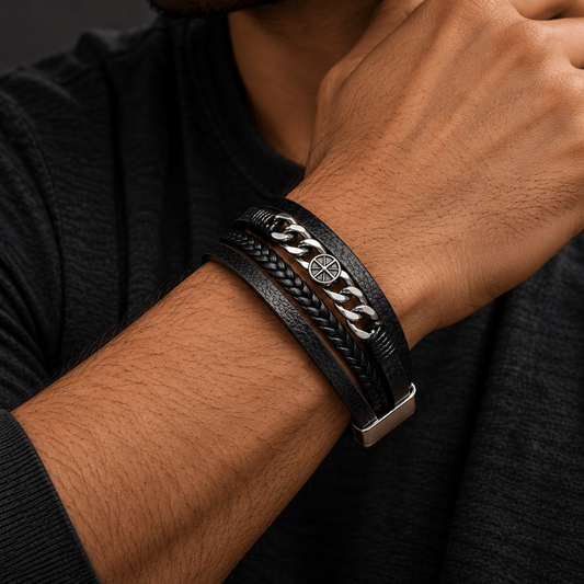 THE MEN THING Leather Bracelet DARK IRONCLAD - Black 25mm Genuine Leather Multi-Layer Bracelet with Stainless Steel Magnetic Buckle for Men & Boys (8 inch)
