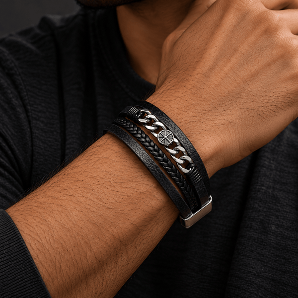DARK IRONCLAD - Black 25mm Genuine Leather Multi-Layer Bracelet with Stainless Steel Magnetic Buckle for Men & Boys (8 inch)
