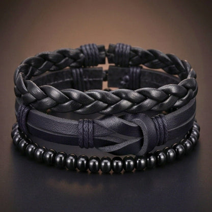 THE MEN THING Leather Bracelet DARK LATTICE - 3Pcs Genuine Leather Adjustable Bracelets Set for Men & Boys