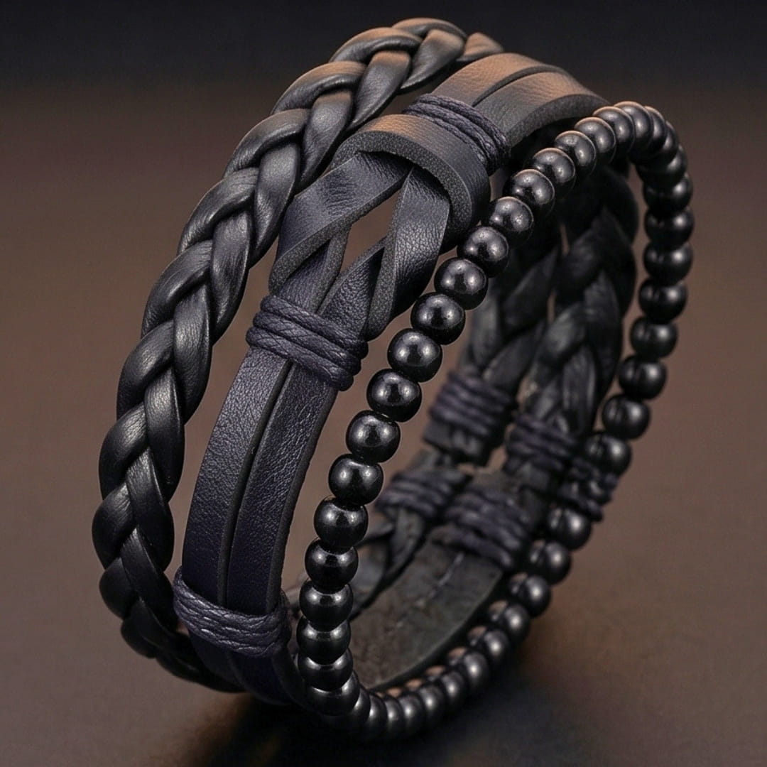 THE MEN THING Leather Bracelet DARK LATTICE - 3Pcs Genuine Leather Adjustable Bracelets Set for Men & Boys