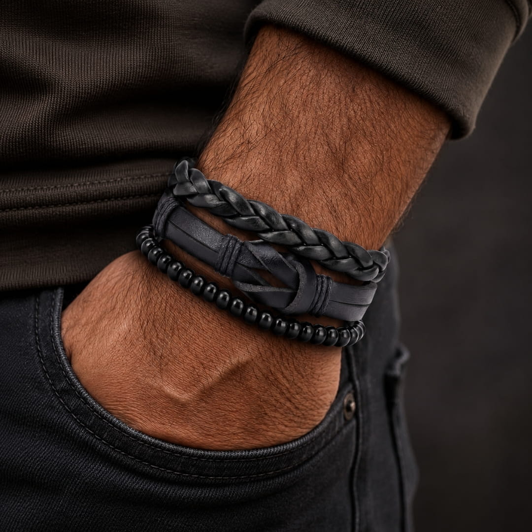 THE MEN THING Leather Bracelet DARK LATTICE - 3Pcs Genuine Leather Adjustable Bracelets Set for Men & Boys