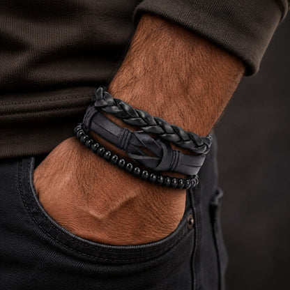 THE MEN THING Leather Bracelet DARK LATTICE - 3Pcs Genuine Leather Adjustable Bracelets Set for Men & Boys