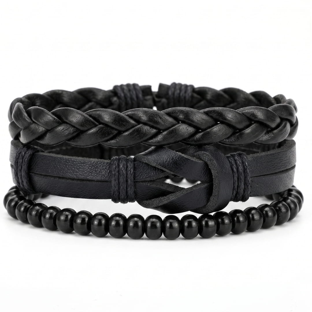 THE MEN THING Leather Bracelet DARK LATTICE - 3Pcs Genuine Leather Adjustable Bracelets Set for Men & Boys