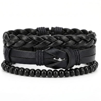 THE MEN THING Leather Bracelet DARK LATTICE - 3Pcs Genuine Leather Adjustable Bracelets Set for Men & Boys