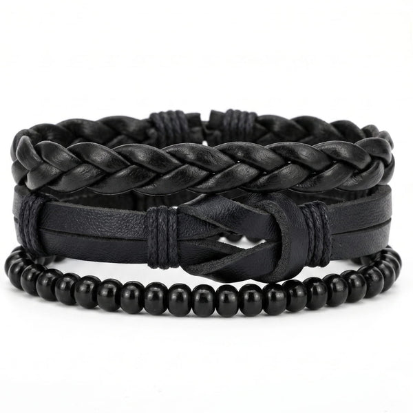 DARK LATTICE - 3Pcs Genuine Leather Adjustable Bracelets Set for Men & Boys