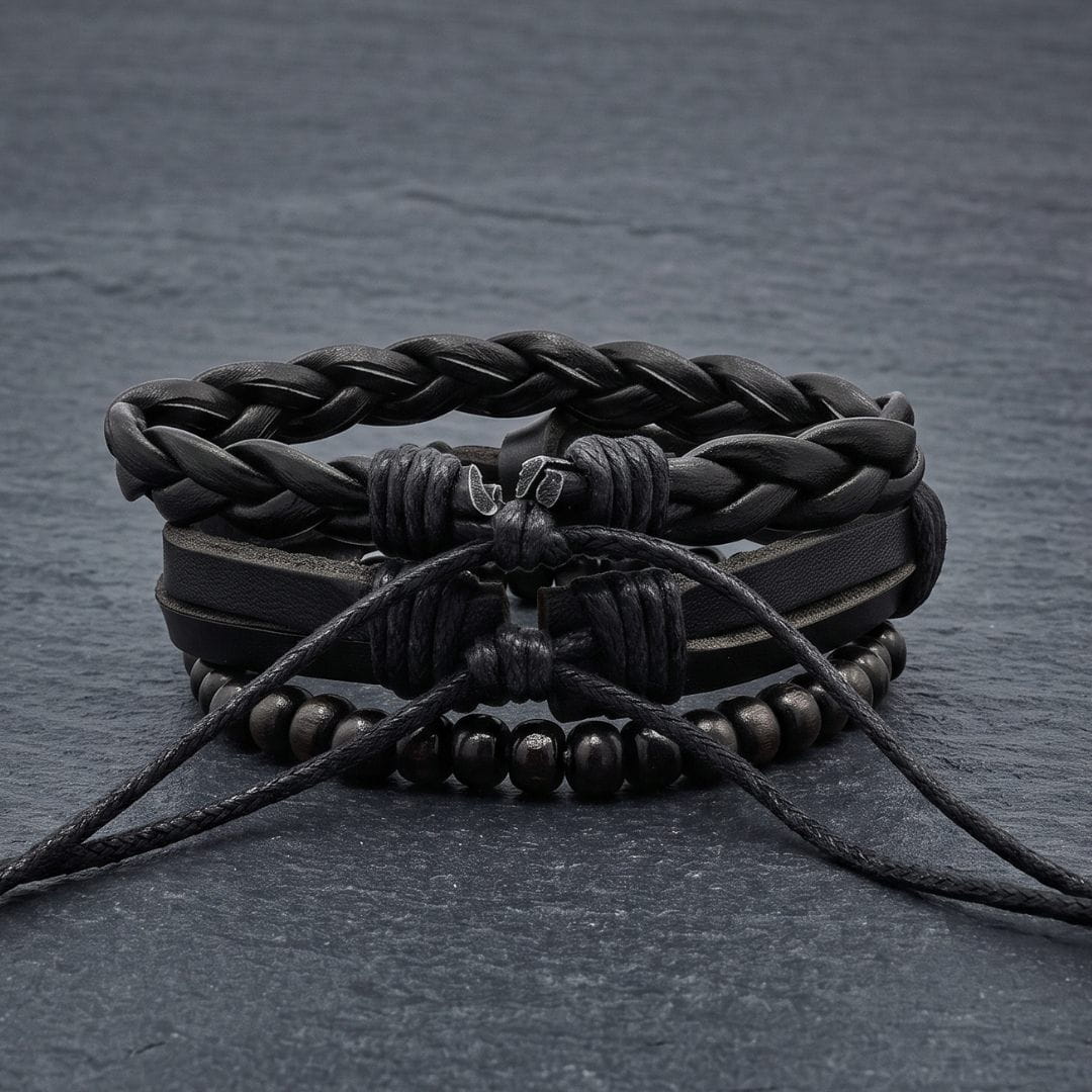 THE MEN THING Leather Bracelet DARK LATTICE - 3Pcs Genuine Leather Adjustable Bracelets Set for Men & Boys