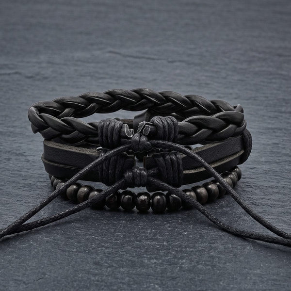 DARK LATTICE - 3Pcs Genuine Leather Adjustable Bracelets Set for Men & Boys