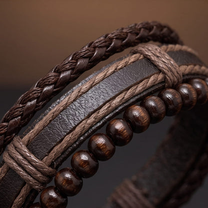 THE MEN THING Leather Bracelet DARK OAK - 3Pcs Genuine Leather Adjustable Bracelets Set for Men & Boys