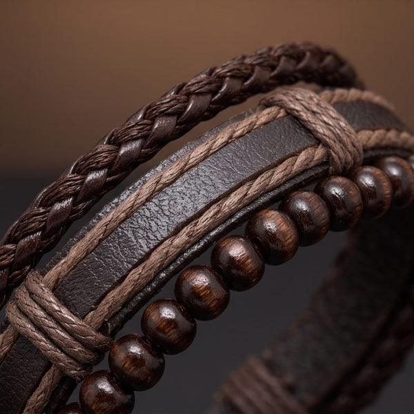 DARK OAK - 3Pcs Genuine Leather Adjustable Bracelets Set for Men & Boys