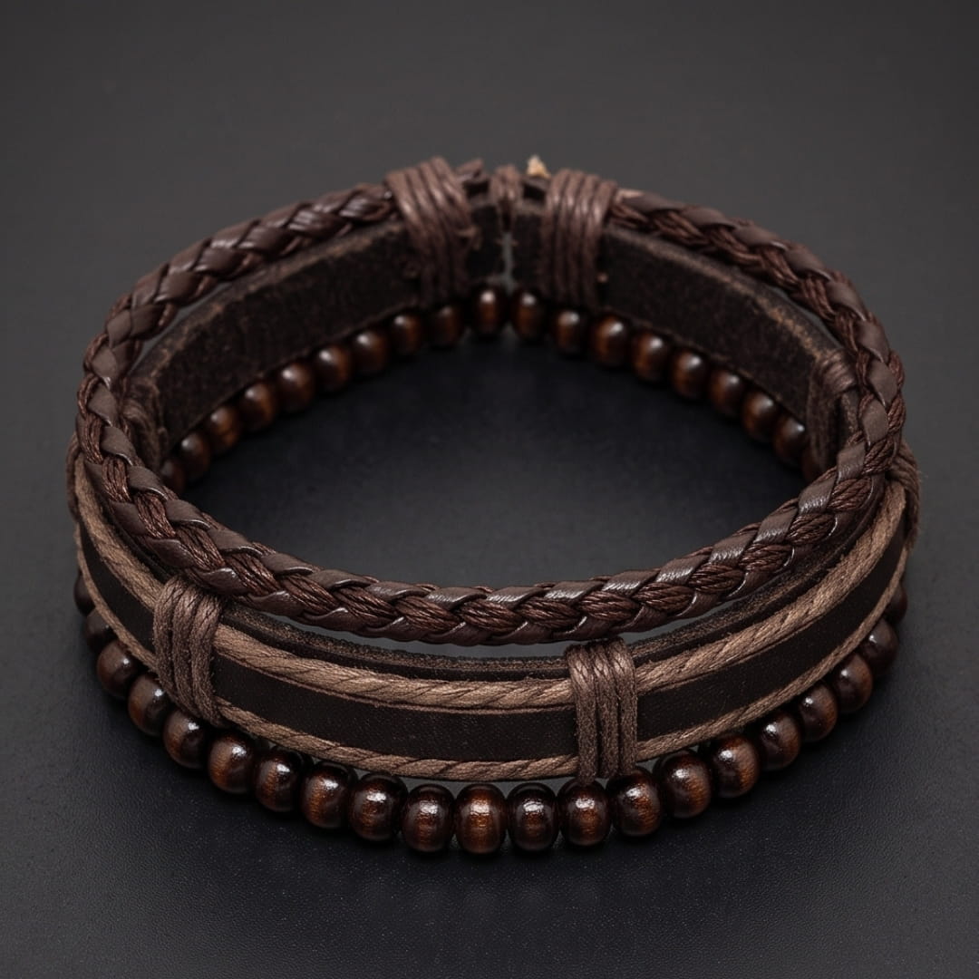 THE MEN THING Leather Bracelet DARK OAK - 3Pcs Genuine Leather Adjustable Bracelets Set for Men & Boys