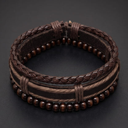 THE MEN THING Leather Bracelet DARK OAK - 3Pcs Genuine Leather Adjustable Bracelets Set for Men & Boys
