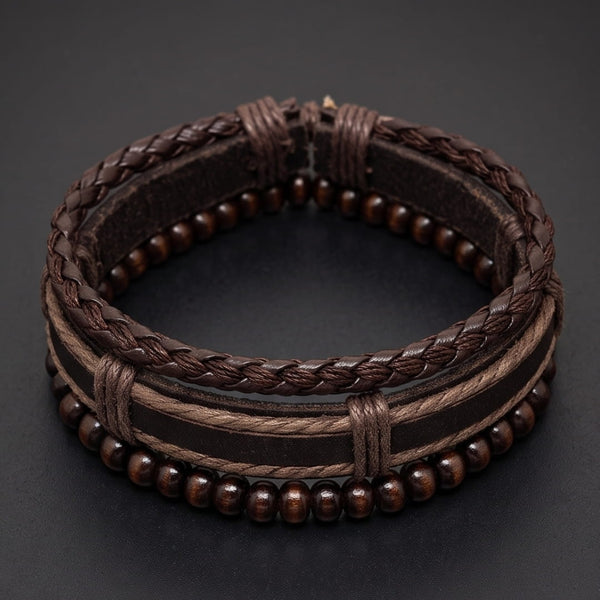 DARK OAK - 3Pcs Genuine Leather Adjustable Bracelets Set for Men & Boys