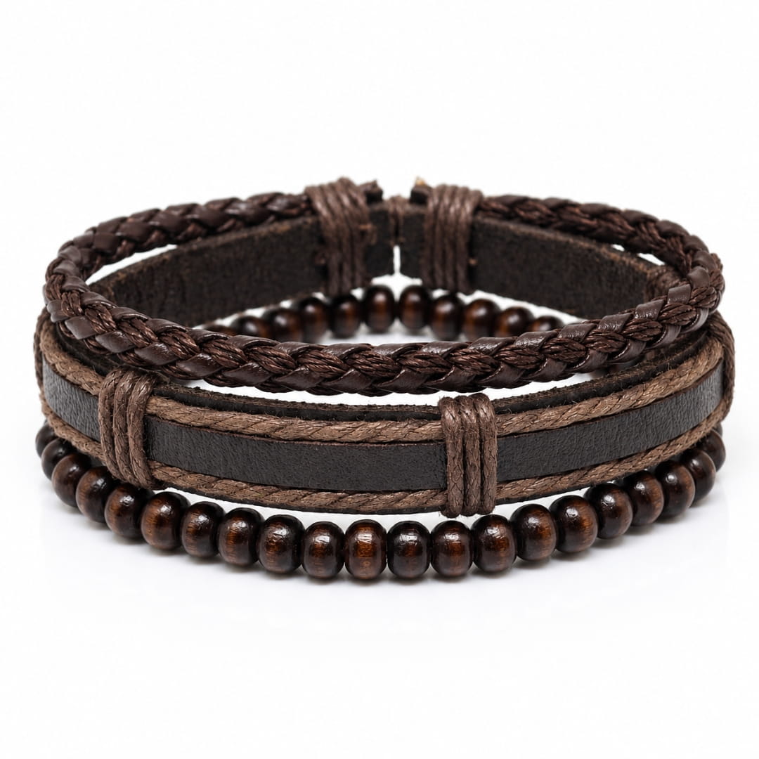 THE MEN THING Leather Bracelet DARK OAK - 3Pcs Genuine Leather Adjustable Bracelets Set for Men & Boys