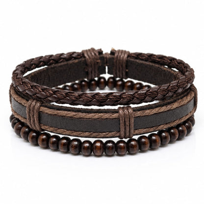 THE MEN THING Leather Bracelet DARK OAK - 3Pcs Genuine Leather Adjustable Bracelets Set for Men & Boys