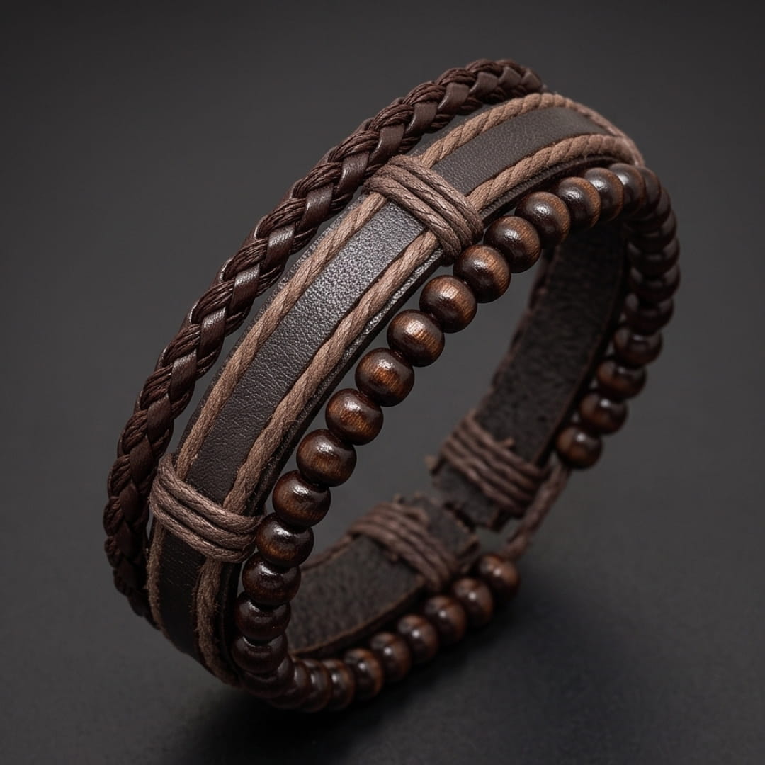 THE MEN THING Leather Bracelet DARK OAK - 3Pcs Genuine Leather Adjustable Bracelets Set for Men & Boys