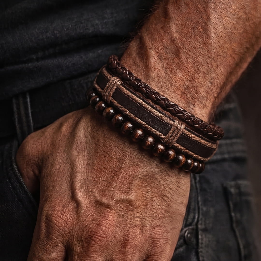 THE MEN THING Leather Bracelet DARK OAK - 3Pcs Genuine Leather Adjustable Bracelets Set for Men & Boys