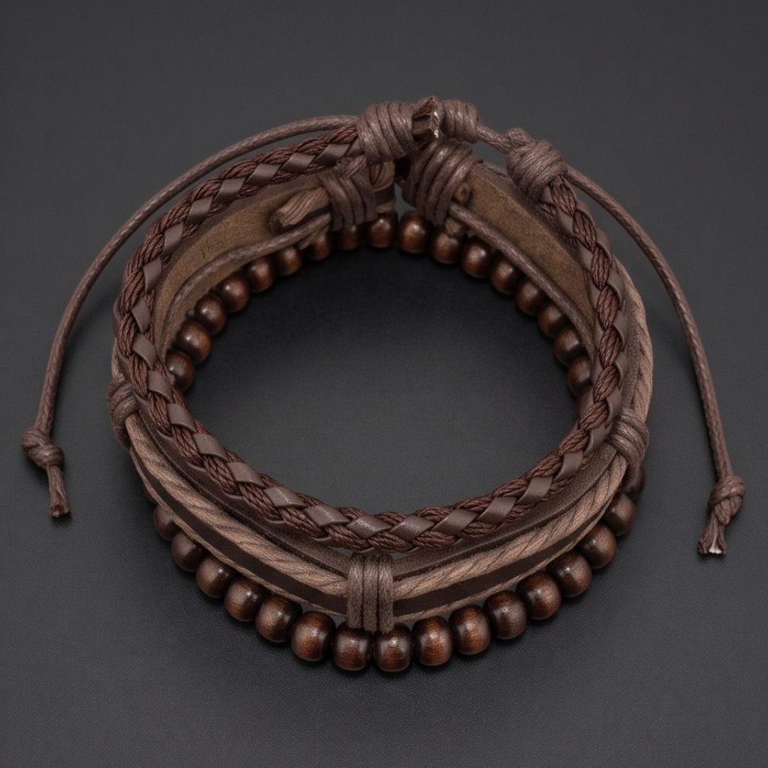 THE MEN THING Leather Bracelet DARK OAK - 3Pcs Genuine Leather Adjustable Bracelets Set for Men & Boys
