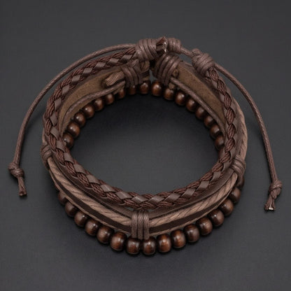 THE MEN THING Leather Bracelet DARK OAK - 3Pcs Genuine Leather Adjustable Bracelets Set for Men & Boys