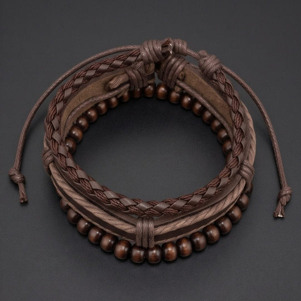 DARK OAK - 3Pcs Genuine Leather Adjustable Bracelets Set for Men & Boys