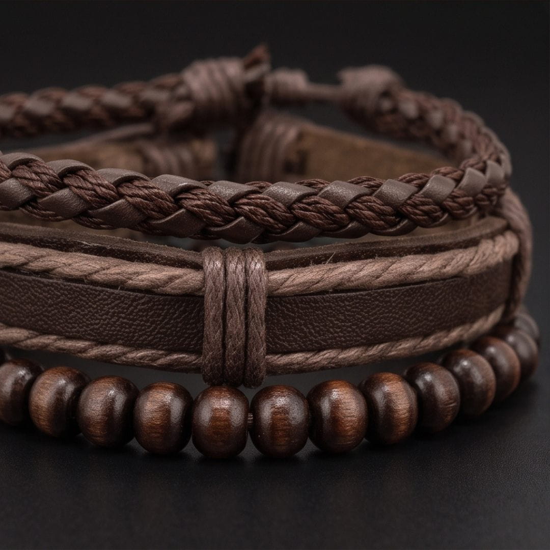 THE MEN THING Leather Bracelet DARK OAK - 3Pcs Genuine Leather Adjustable Bracelets Set for Men & Boys