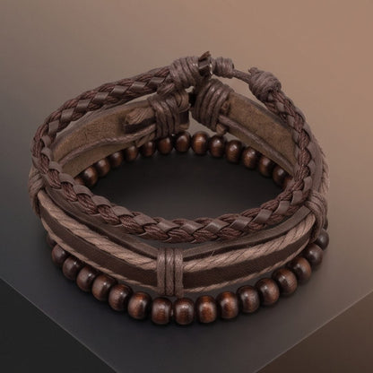THE MEN THING Leather Bracelet DARK OAK - 3Pcs Genuine Leather Adjustable Bracelets Set for Men & Boys
