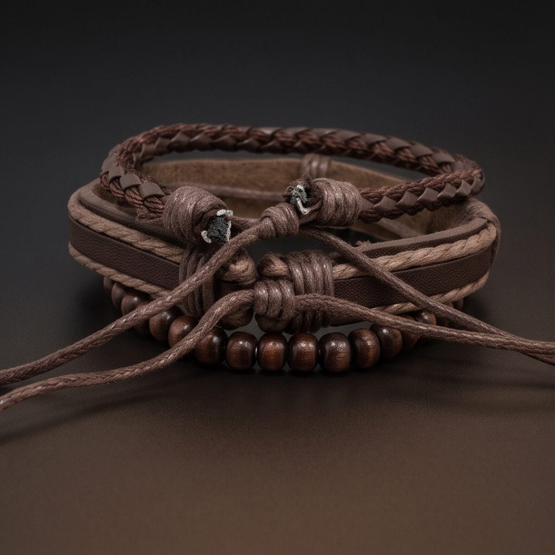 THE MEN THING Leather Bracelet DARK OAK - 3Pcs Genuine Leather Adjustable Bracelets Set for Men & Boys