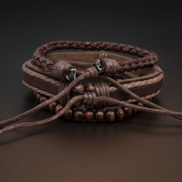 DARK OAK - 3Pcs Genuine Leather Adjustable Bracelets Set for Men & Boys