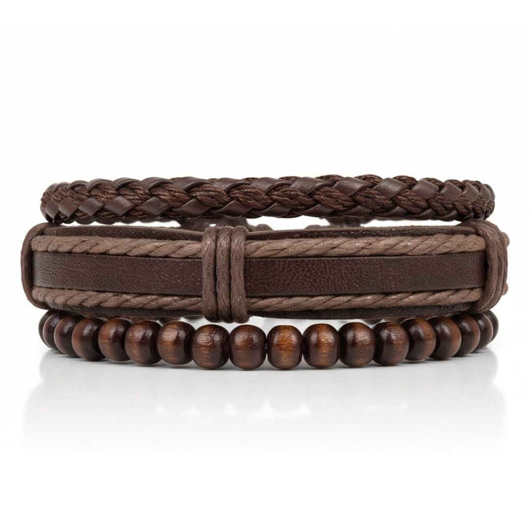 THE MEN THING Leather Bracelet DARK OAK - 3Pcs Genuine Leather Adjustable Bracelets Set for Men & Boys