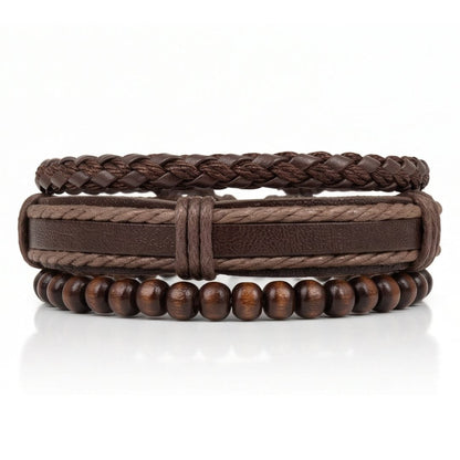 THE MEN THING Leather Bracelet DARK OAK - 3Pcs Genuine Leather Adjustable Bracelets Set for Men & Boys