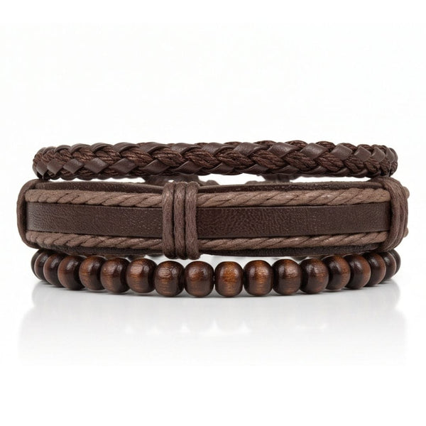 DARK OAK - 3Pcs Genuine Leather Adjustable Bracelets Set for Men & Boys
