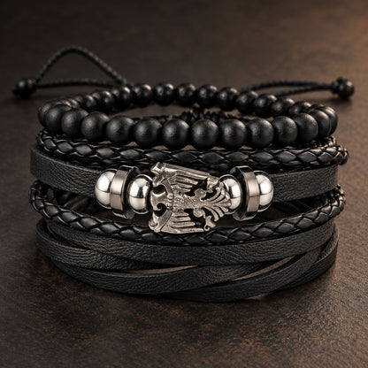 THE MEN THING Leather Bracelet DARK WINGS - 3 Pcs Genuine Braided Leather Bracelet Set for Men & Boys (Adjustable)