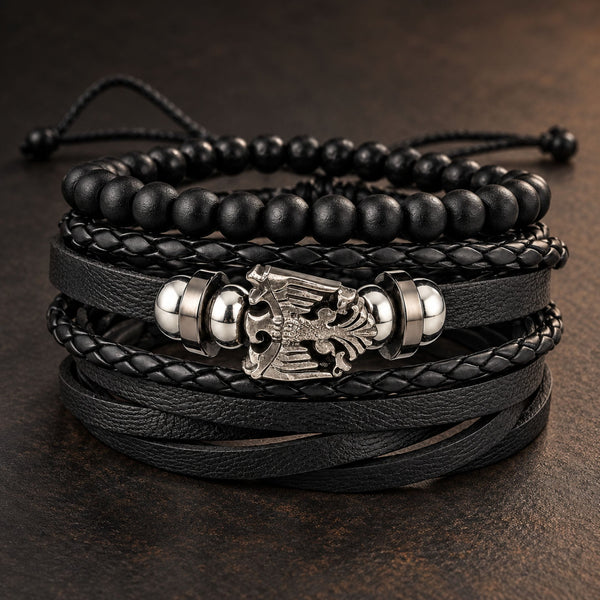 DARK WINGS - 3 Pcs Genuine Braided Leather Bracelet Set for Men & Boys (Adjustable)
