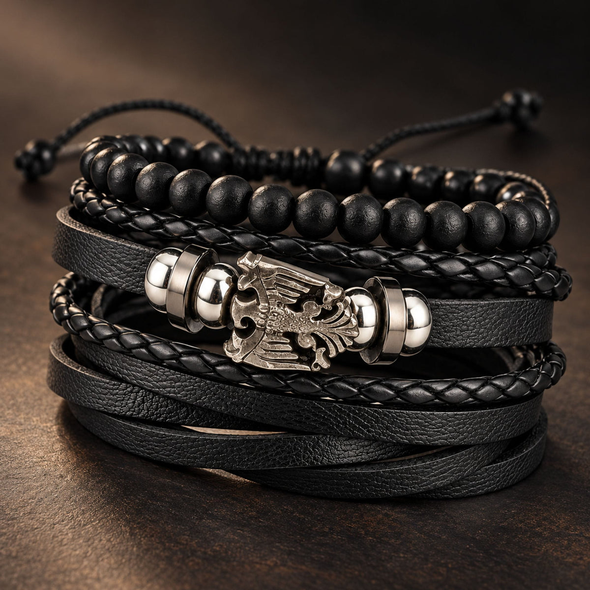 THE MEN THING Leather Bracelet DARK WINGS - 3 Pcs Genuine Braided Leather Bracelet Set for Men & Boys (Adjustable)