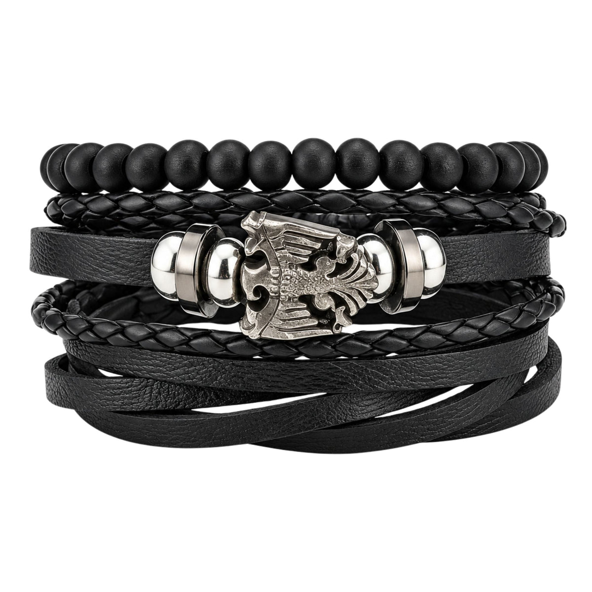 THE MEN THING Leather Bracelet DARK WINGS - 3 Pcs Genuine Braided Leather Bracelet Set for Men & Boys (Adjustable)