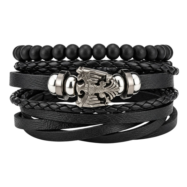 DARK WINGS - 3 Pcs Genuine Braided Leather Bracelet Set for Men & Boys (Adjustable)