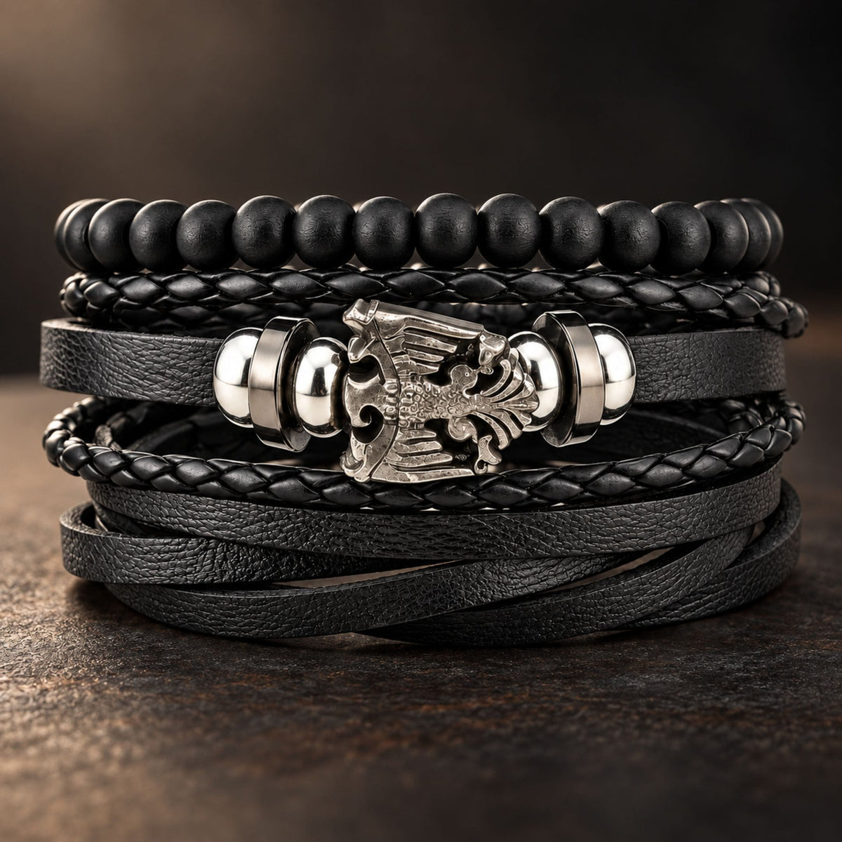 THE MEN THING Leather Bracelet DARK WINGS - 3 Pcs Genuine Braided Leather Bracelet Set for Men & Boys (Adjustable)