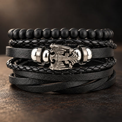 THE MEN THING Leather Bracelet DARK WINGS - 3 Pcs Genuine Braided Leather Bracelet Set for Men & Boys (Adjustable)