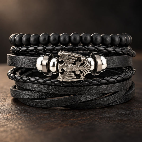 DARK WINGS - 3 Pcs Genuine Braided Leather Bracelet Set for Men & Boys (Adjustable)